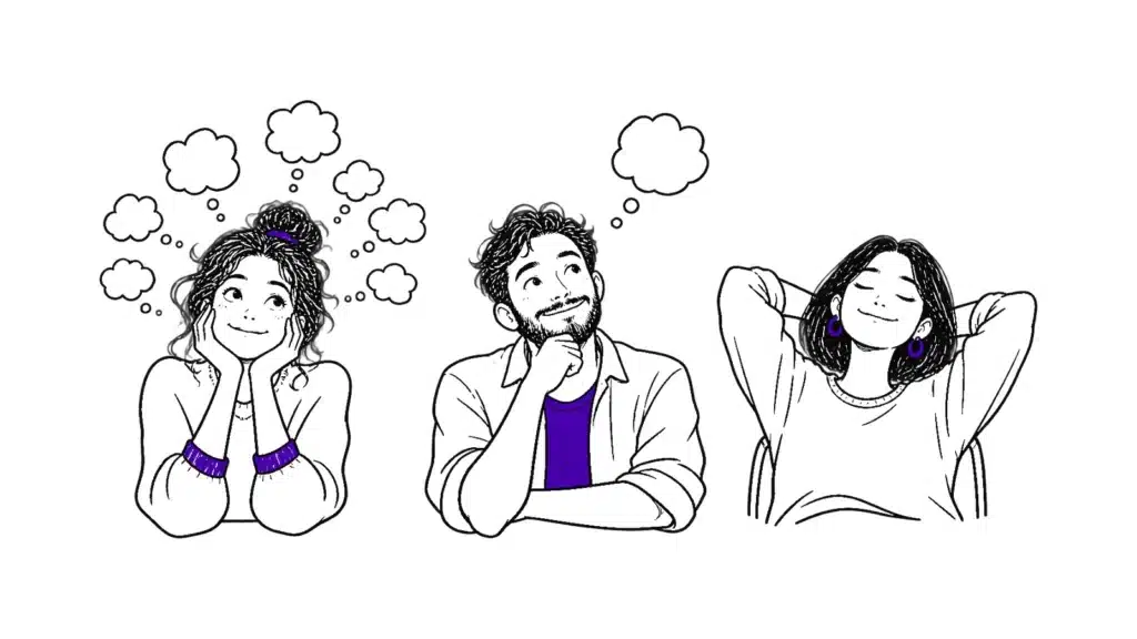 Tres personas imaginando, representadas con diferentes burbujas de pensamiento. Representación fantásias sexuales.
