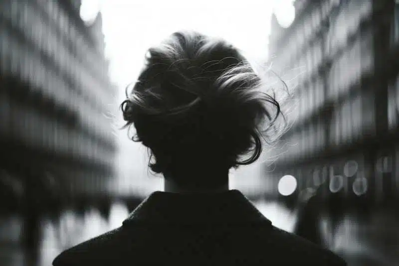 Imagen de una mujer de espaldas en un ambiente urbano con pelo corto en blanco y negro que representa la tricofilia