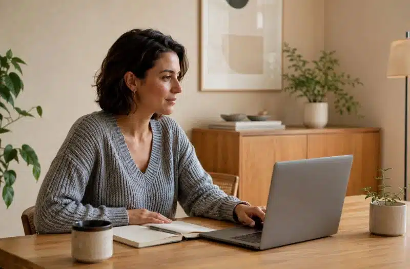 mujer delante del portátil haciendo terapia con un psicólogo online