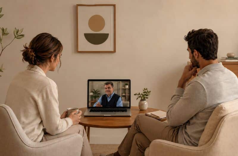 pareja asistiendo a terapia con un psicólogo online