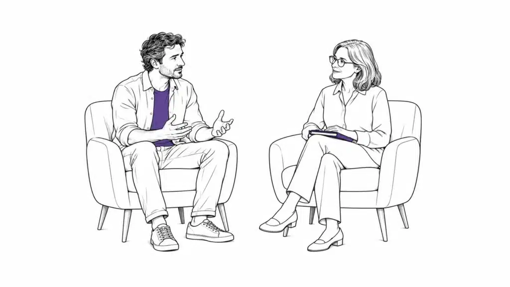 Un hombre conversa con una profesional sentada frente a él durante una consulta.